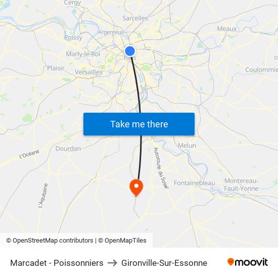 Marcadet - Poissonniers to Gironville-Sur-Essonne map
