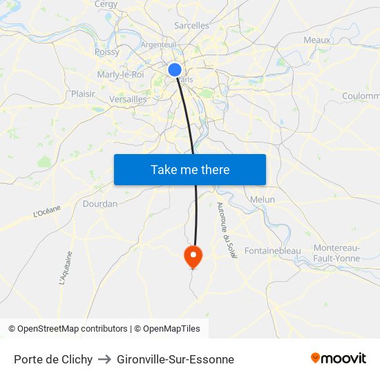 Porte de Clichy to Gironville-Sur-Essonne map