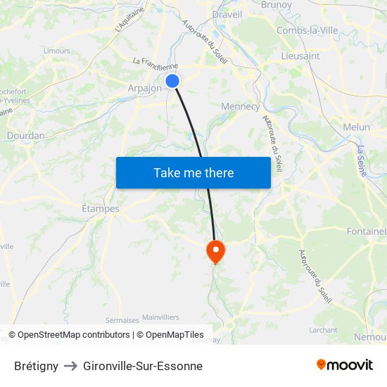 Brétigny to Gironville-Sur-Essonne map