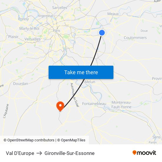 Val D'Europe to Gironville-Sur-Essonne map