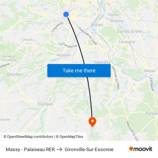 Massy - Palaiseau RER to Gironville-Sur-Essonne map