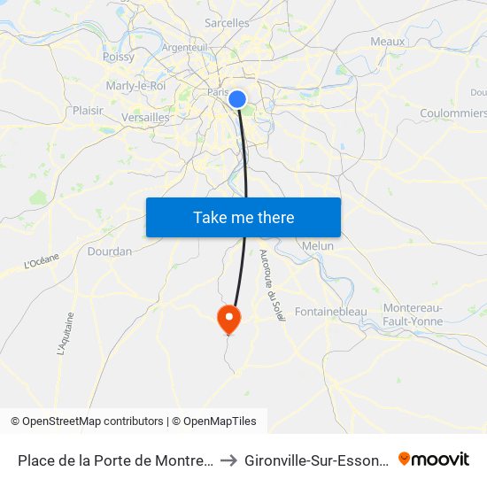 Place de la Porte de Montreuil to Gironville-Sur-Essonne map