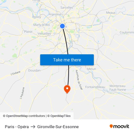 Paris - Opéra to Gironville-Sur-Essonne map
