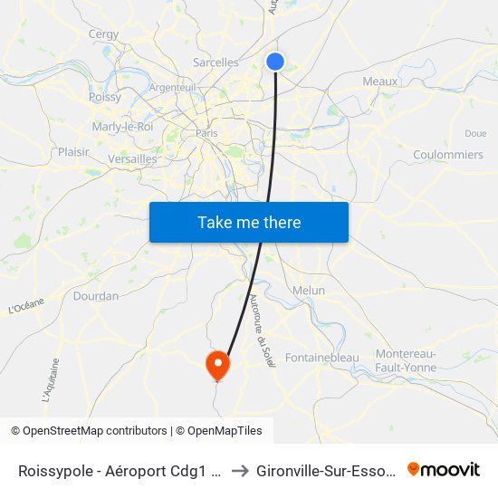 Roissypole - Aéroport Cdg1 (E2) to Gironville-Sur-Essonne map