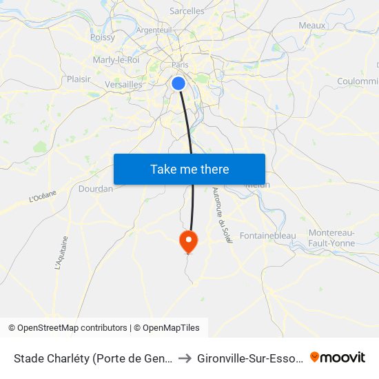 Stade Charléty (Porte de Gentilly) to Gironville-Sur-Essonne map
