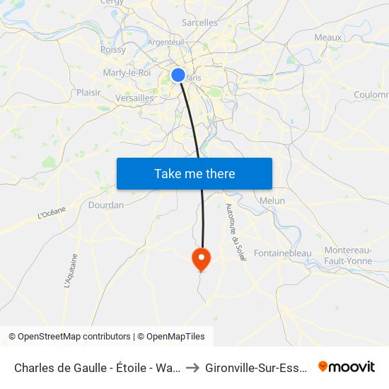 Charles de Gaulle - Étoile - Wagram to Gironville-Sur-Essonne map