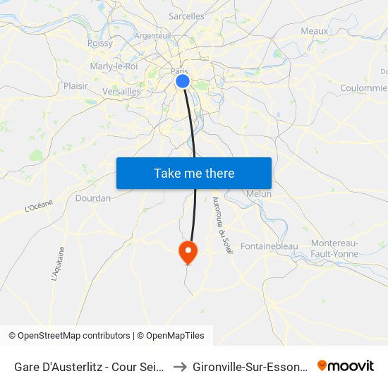 Gare D'Austerlitz - Cour Seine to Gironville-Sur-Essonne map