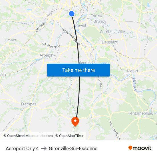 Aéroport Orly 4 to Gironville-Sur-Essonne map