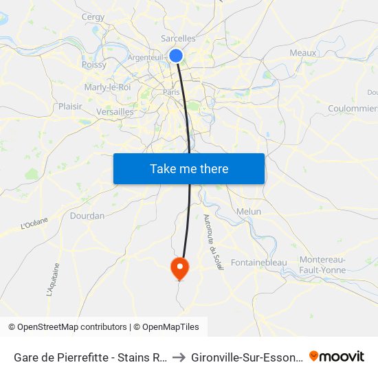 Gare de Pierrefitte - Stains RER to Gironville-Sur-Essonne map