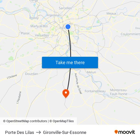 Porte Des Lilas to Gironville-Sur-Essonne map