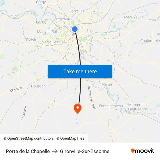 Porte de la Chapelle to Gironville-Sur-Essonne map