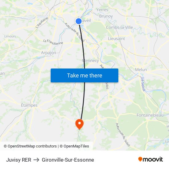 Juvisy RER to Gironville-Sur-Essonne map