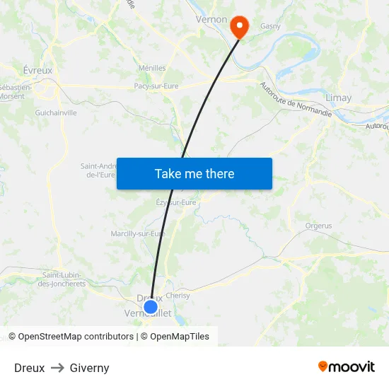 Dreux to Giverny map