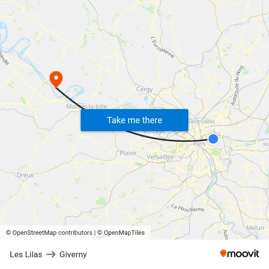 Les Lilas to Giverny map