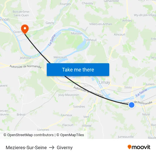 Mezieres-Sur-Seine to Giverny map