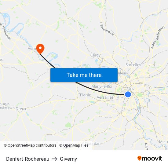 Denfert-Rochereau to Giverny map