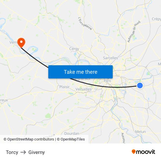 Torcy to Giverny map