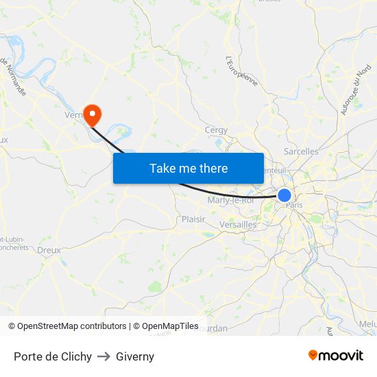 Porte de Clichy to Giverny map