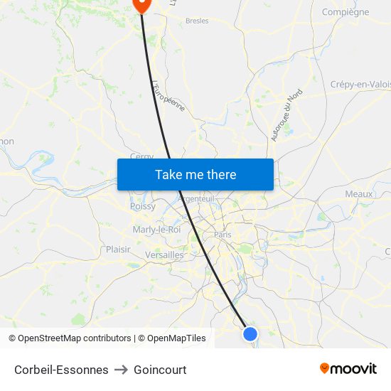 Corbeil-Essonnes to Goincourt map