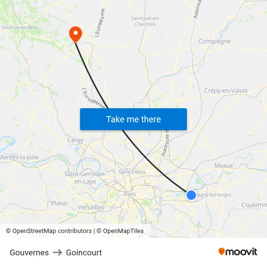 Gouvernes to Goincourt map