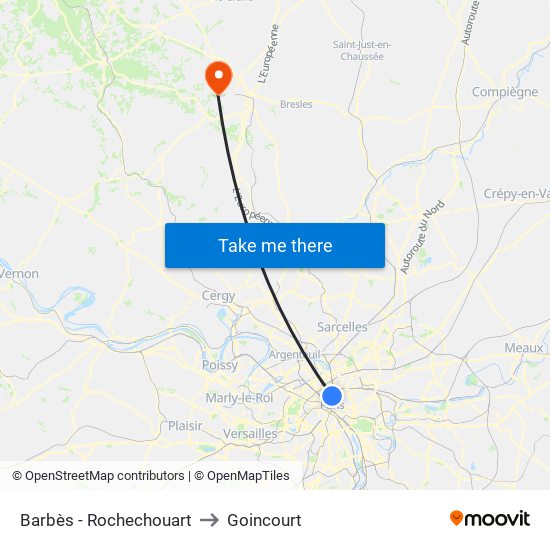 Barbès - Rochechouart to Goincourt map