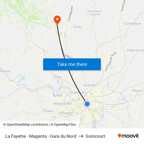 La Fayette - Magenta - Gare du Nord to Goincourt map