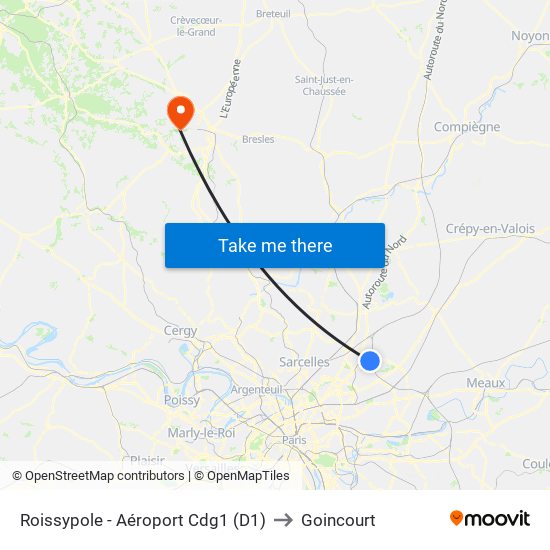 Roissypole - Aéroport Cdg1 (D1) to Goincourt map