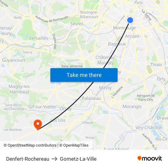 Denfert-Rochereau to Gometz-La-Ville map