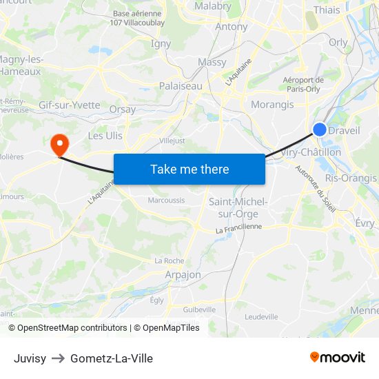 Juvisy to Gometz-La-Ville map