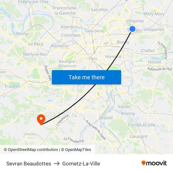 Sevran Beaudottes to Gometz-La-Ville map