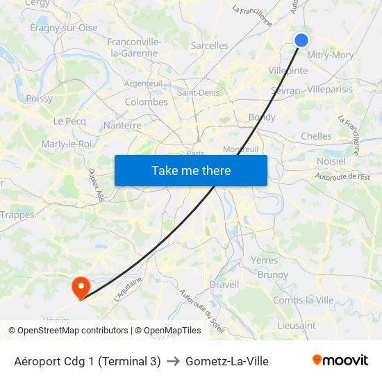 Aéroport Cdg 1 (Terminal 3) to Gometz-La-Ville map