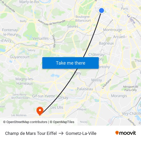 Champ de Mars Tour Eiffel to Gometz-La-Ville map