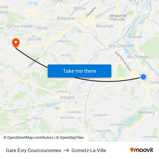 Gare Évry Courcouronnes to Gometz-La-Ville map
