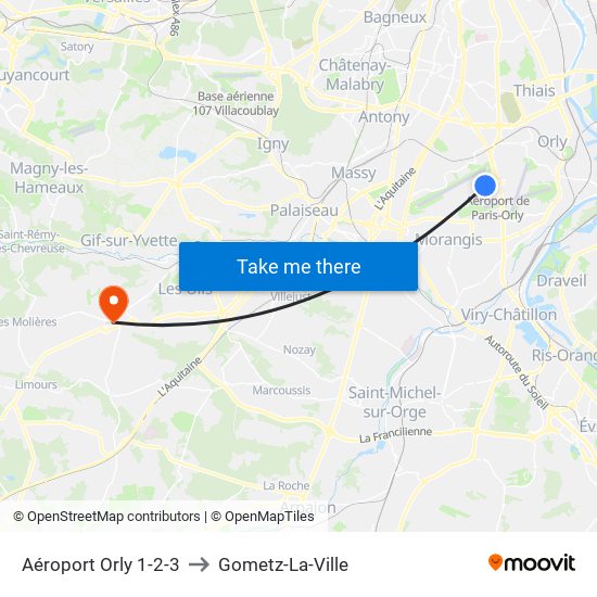 Aéroport Orly 1-2-3 to Gometz-La-Ville map
