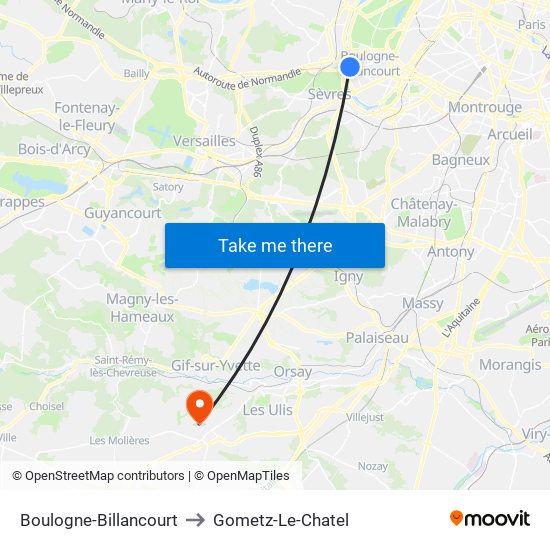 Boulogne-Billancourt to Gometz-Le-Chatel map