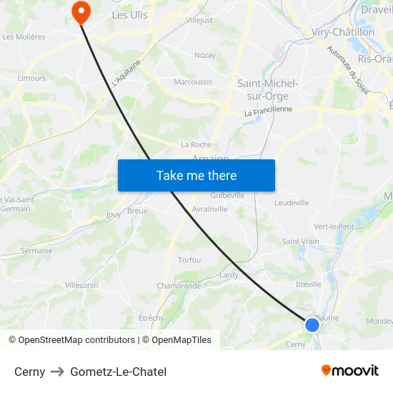 Cerny to Gometz-Le-Chatel map