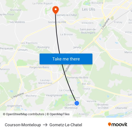 Courson-Monteloup to Gometz-Le-Chatel map