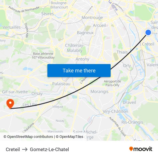 Creteil to Gometz-Le-Chatel map