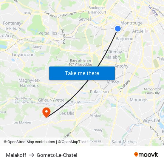 Malakoff to Gometz-Le-Chatel map