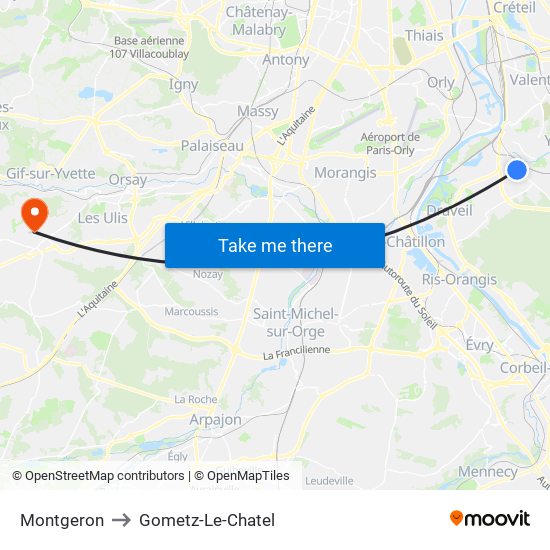 Montgeron to Gometz-Le-Chatel map