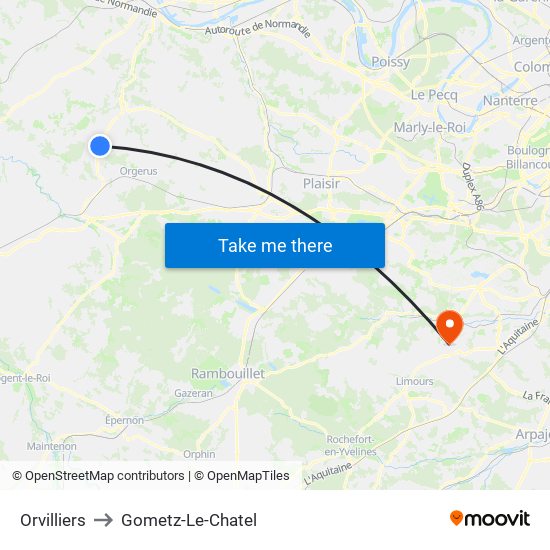 Orvilliers to Gometz-Le-Chatel map