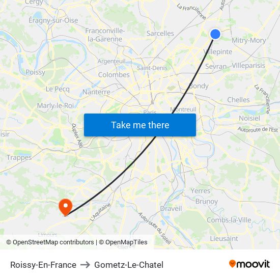 Roissy-En-France to Gometz-Le-Chatel map