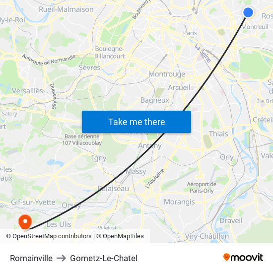 Romainville to Gometz-Le-Chatel map