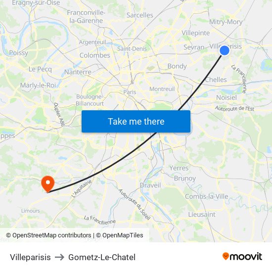 Villeparisis to Gometz-Le-Chatel map