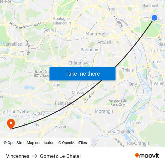 Vincennes to Gometz-Le-Chatel map