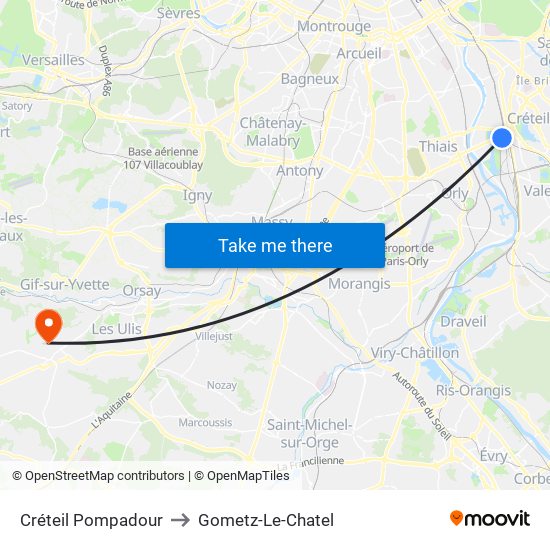 Créteil Pompadour to Gometz-Le-Chatel map