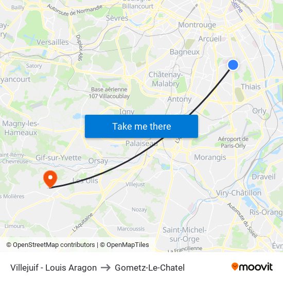 Villejuif - Louis Aragon to Gometz-Le-Chatel map