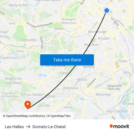 Les Halles to Gometz-Le-Chatel map