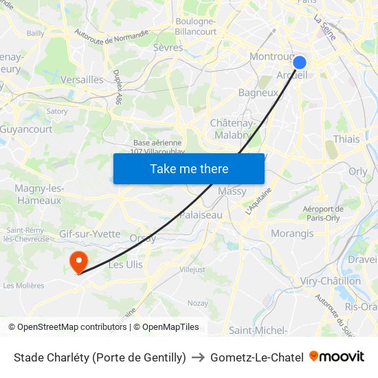 Stade Charléty (Porte de Gentilly) to Gometz-Le-Chatel map