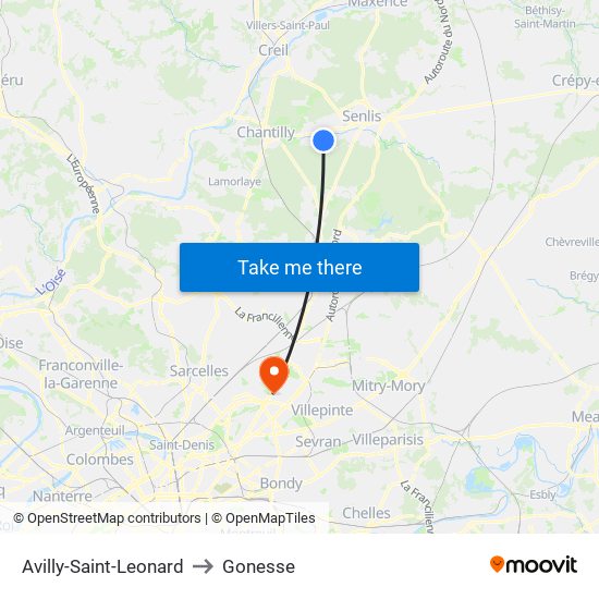 Avilly-Saint-Leonard to Gonesse map